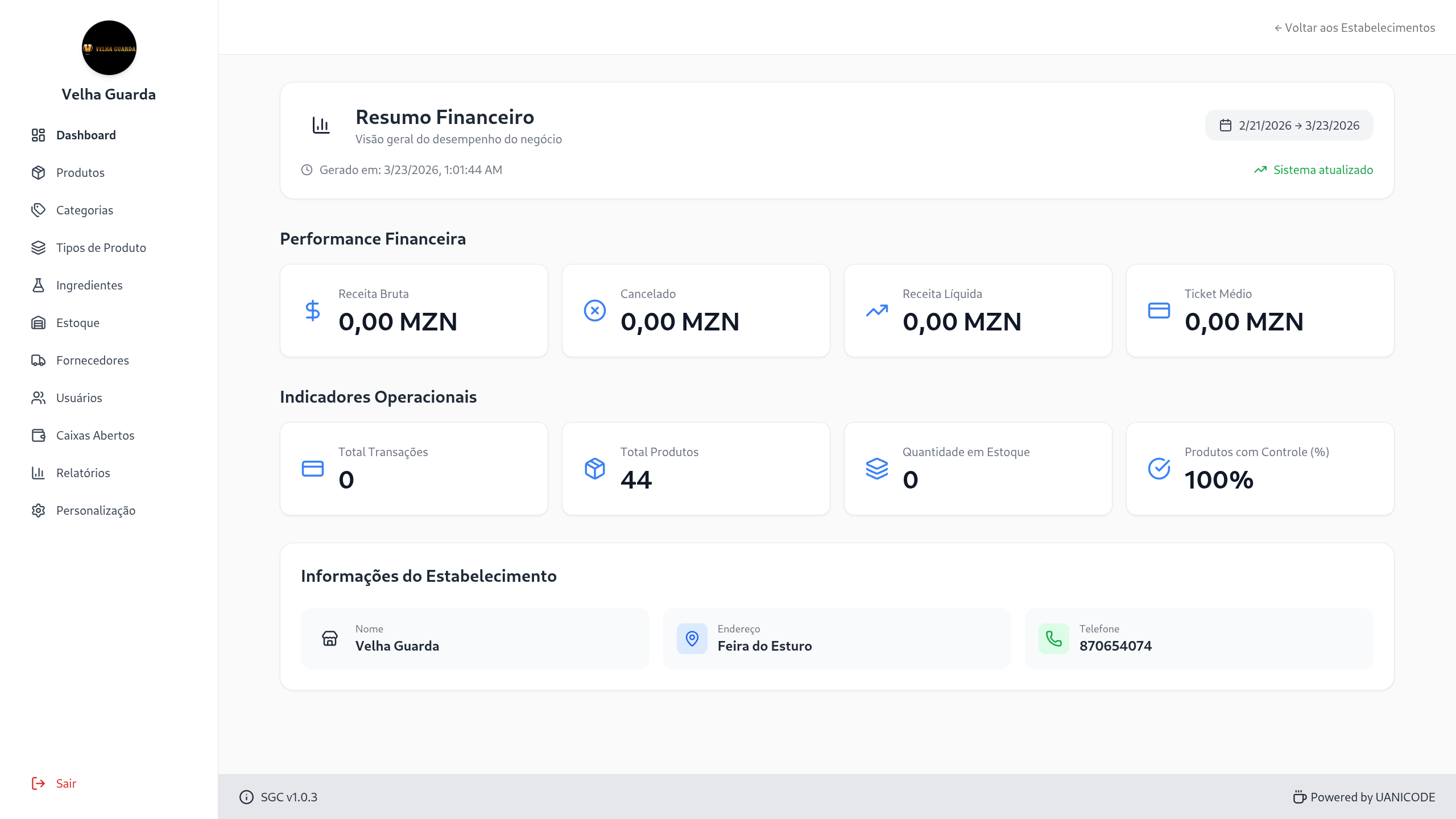 Tela do SGC - Gestão Comercial